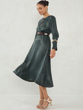 Olive Satin Wrap Midi Dress