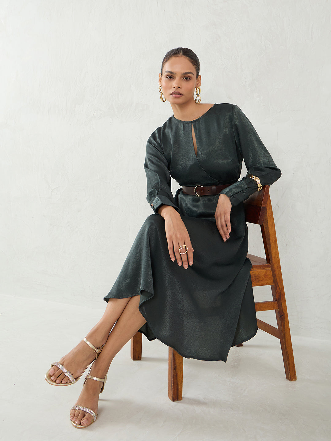 Olive Satin Wrap Midi Dress