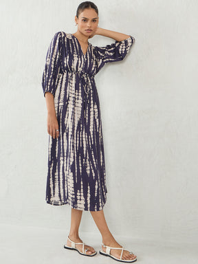 Navy Printed Waist Ruched Detailing Midi Dress