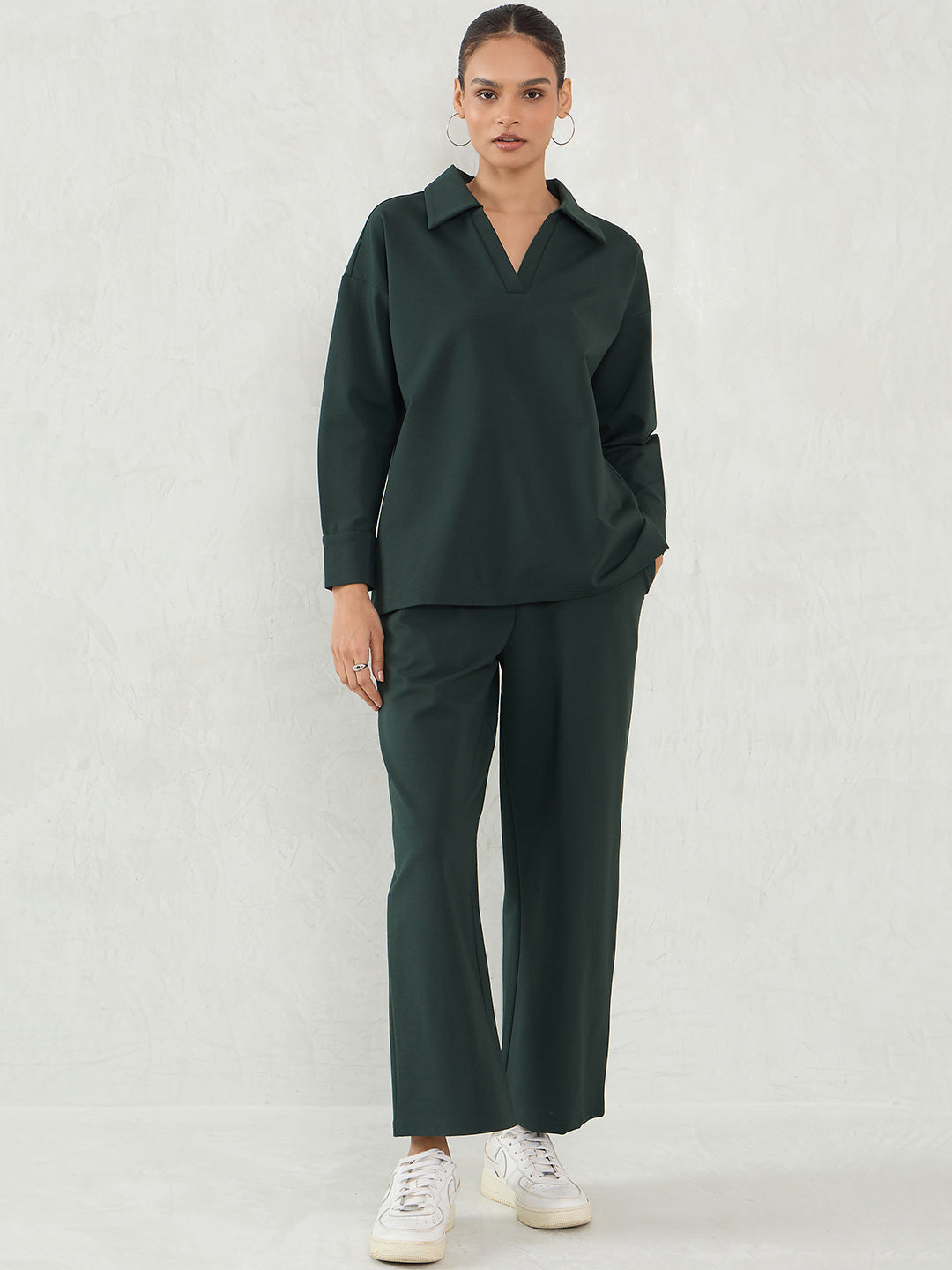 Bottle Green Travel Top With Straight Pant Co-Ord Set