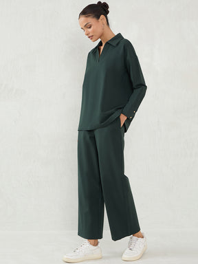 Bottle Green Travel Top With Straight Pant Co-Ord Set