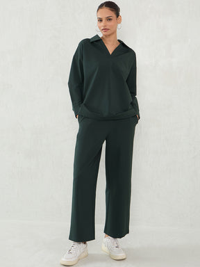 Bottle Green Travel Top With Straight Pant Co-Ord Set