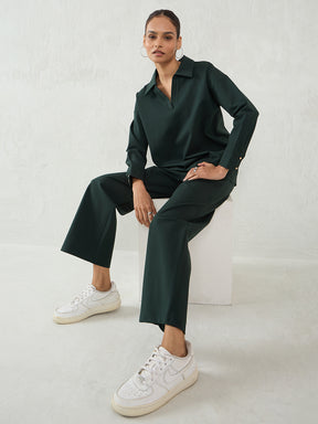 Bottle Green Travel Top With Straight Pant Co-Ord Set