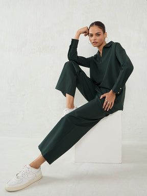 Bottle Green Travel Top With Straight Pant Co-Ord Set