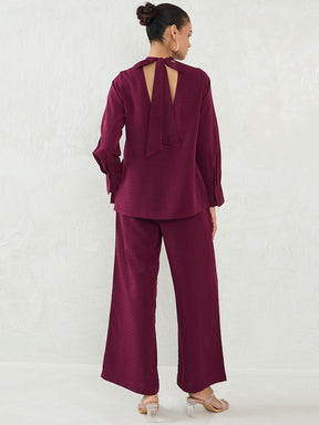 Wine Back Tie-Up Satin Co-Ord Set