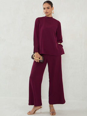 Wine Back Tie-Up Satin Co-Ord Set