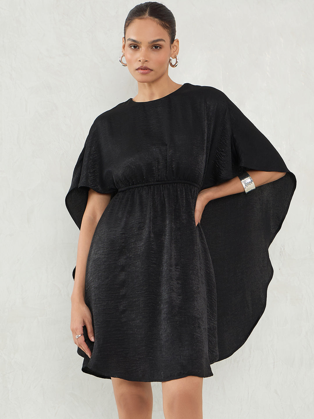 Black Satin Cape Sleeve Mini Dress