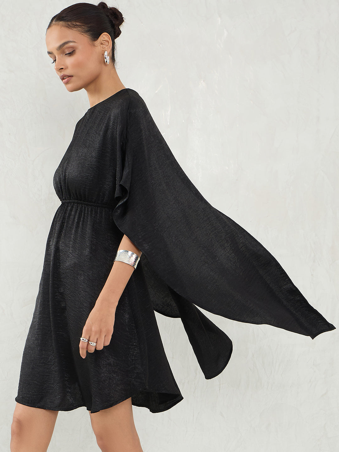 Black Satin Cape Sleeve Mini Dress