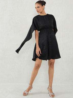 Black Satin Cape Sleeve Mini Dress