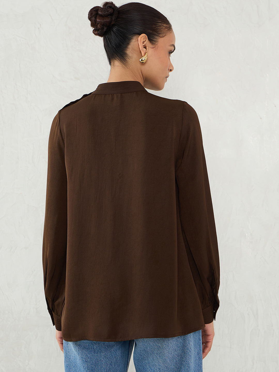 Brown Satin Shoulder Button Detail Top