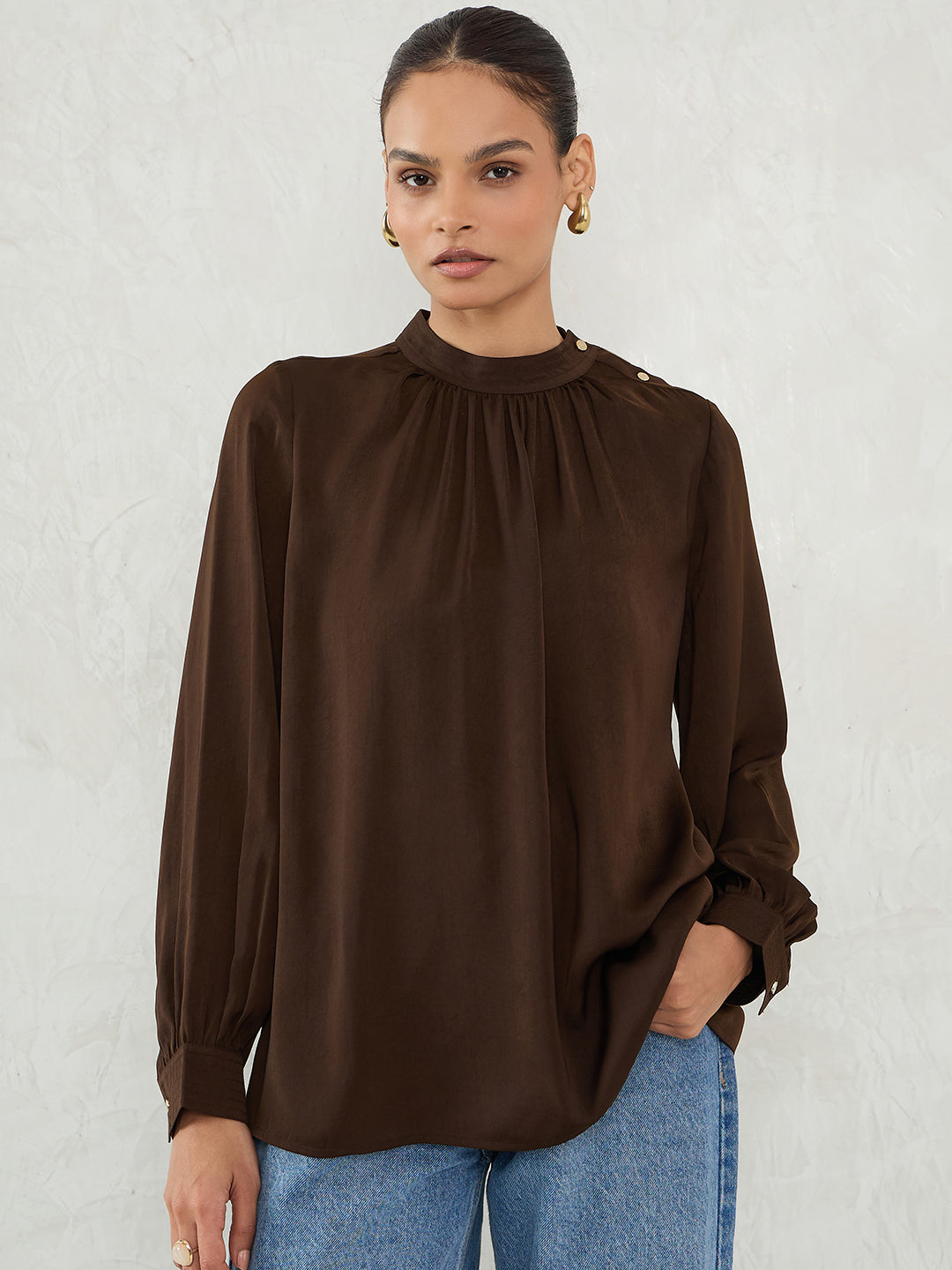 Brown Satin Shoulder Button Detail Top