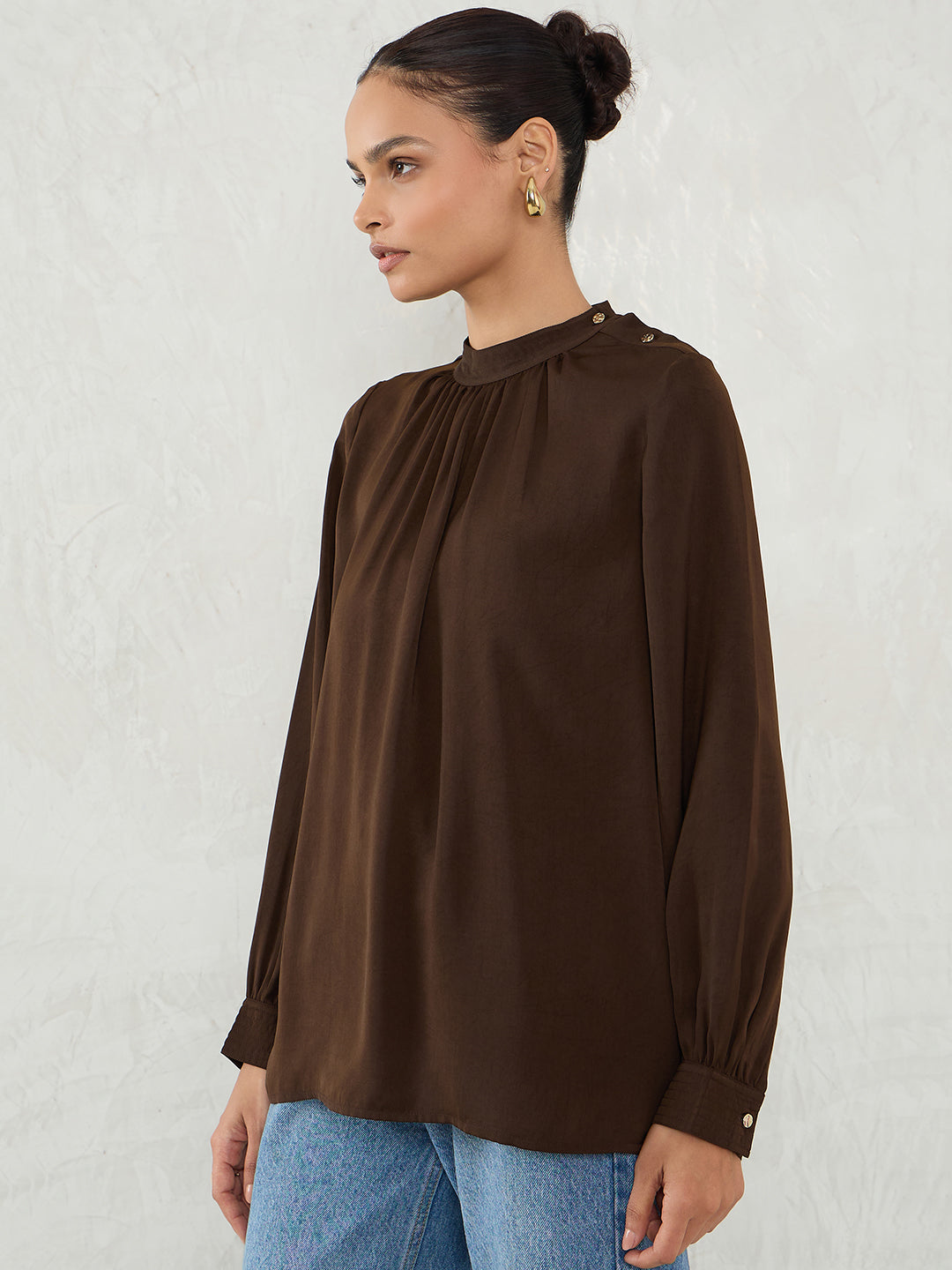 Brown Satin Shoulder Button Detail Top