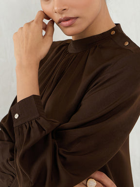 Brown Satin Shoulder Button Detail Top