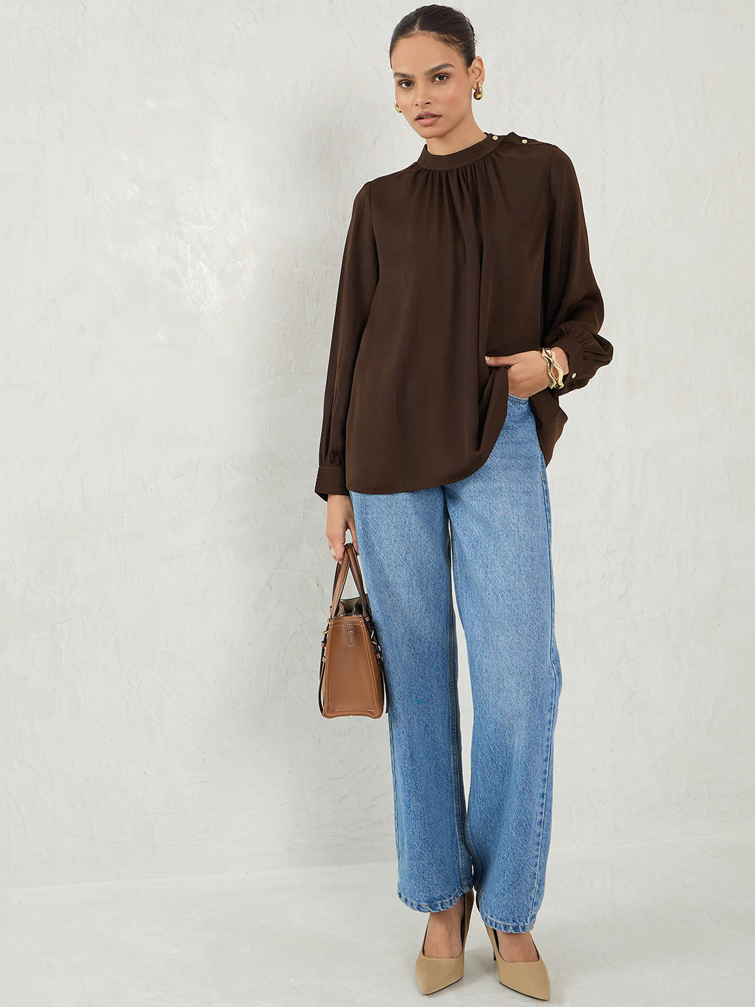 Brown Satin Shoulder Button Detail Top