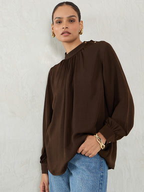 Brown Satin Shoulder Button Detail Top