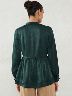 Forest Green Satin Layered Peplum Top