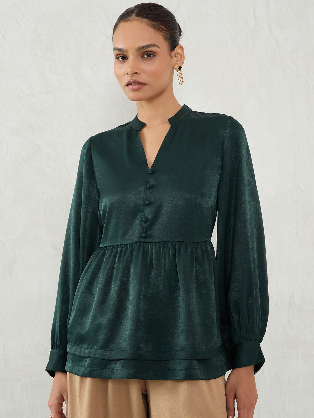 Forest Green Satin Layered Peplum Top