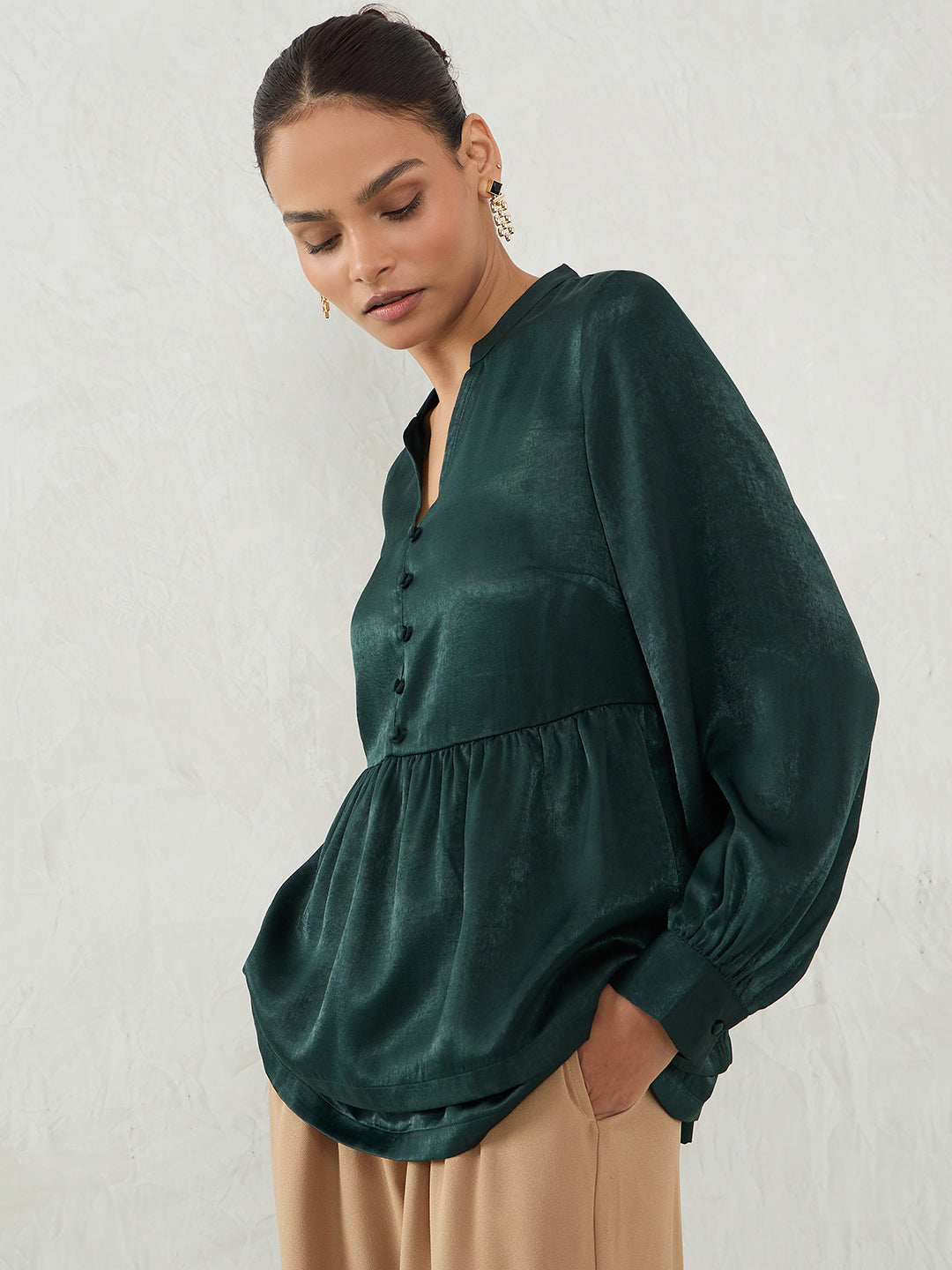 Forest Green Satin Layered Peplum Top