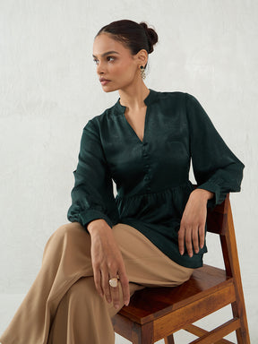 Forest Green Satin Layered Peplum Top