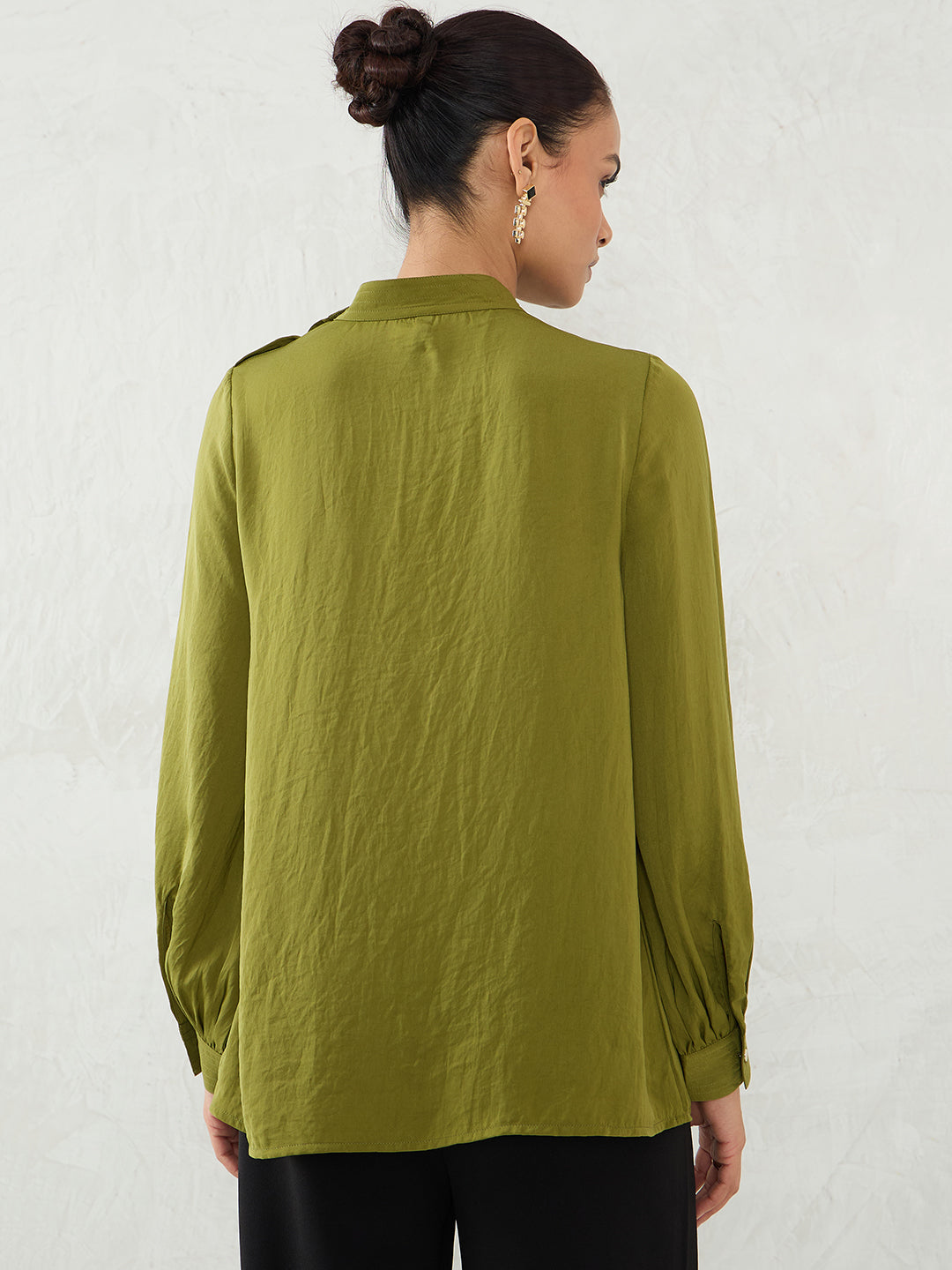 Olive Satin Shoulder Button Detail Top