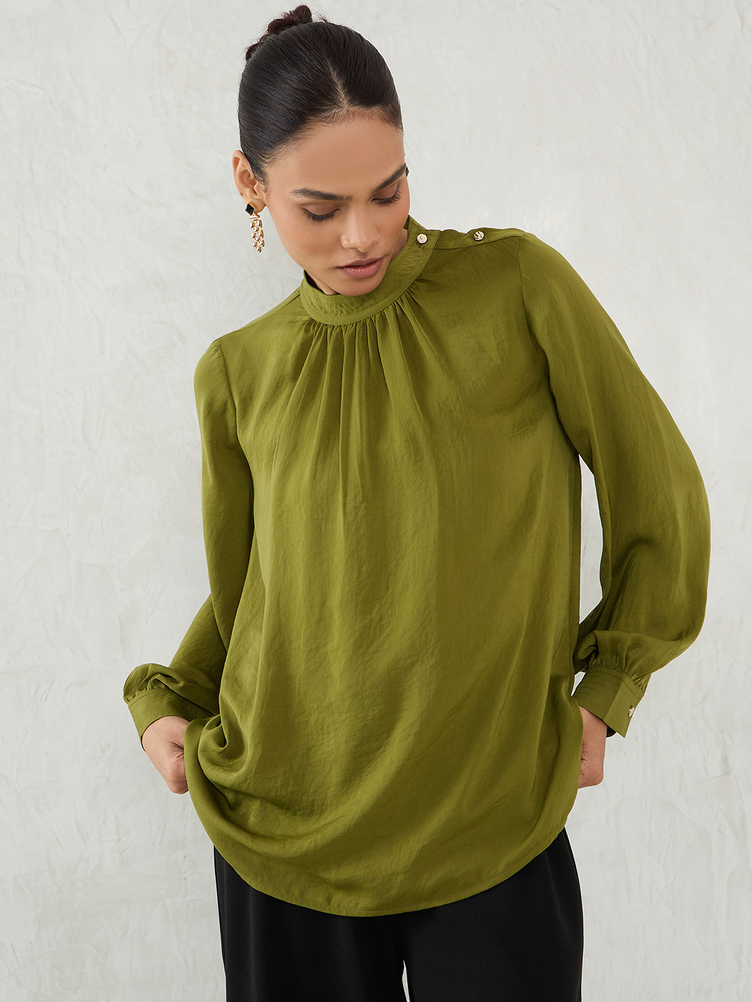 Olive Satin Shoulder Button Detail Top