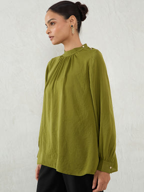 Olive Satin Shoulder Button Detail Top