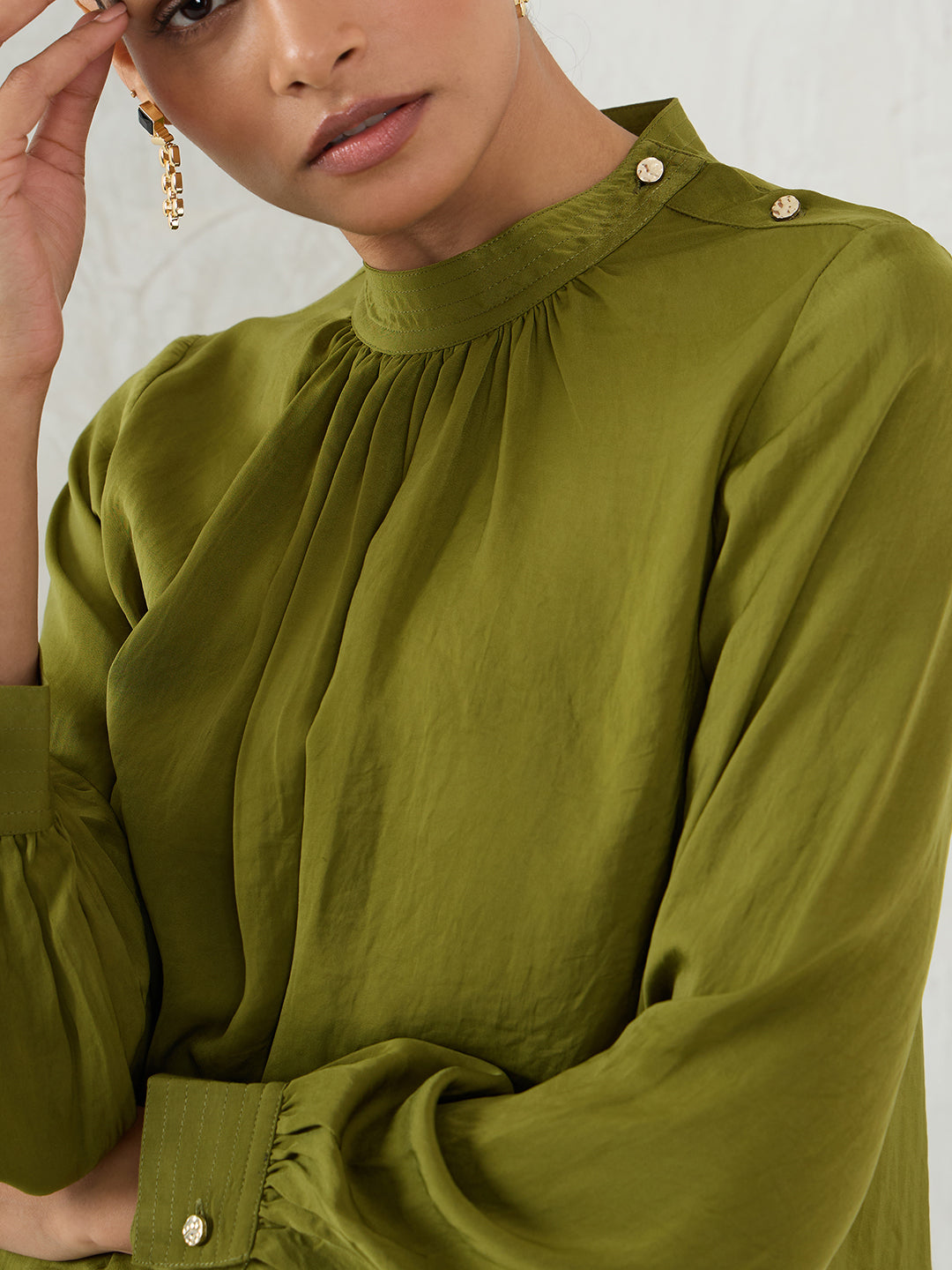 Olive Satin Shoulder Button Detail Top