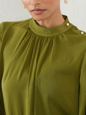 Olive Satin Shoulder Button Detail Top