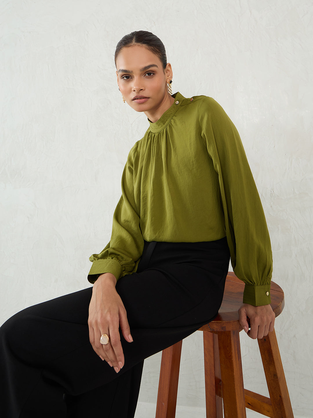 Olive Satin Shoulder Button Detail Top