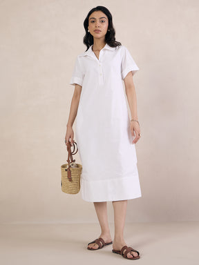 White Poplin Button Down Midi Dress