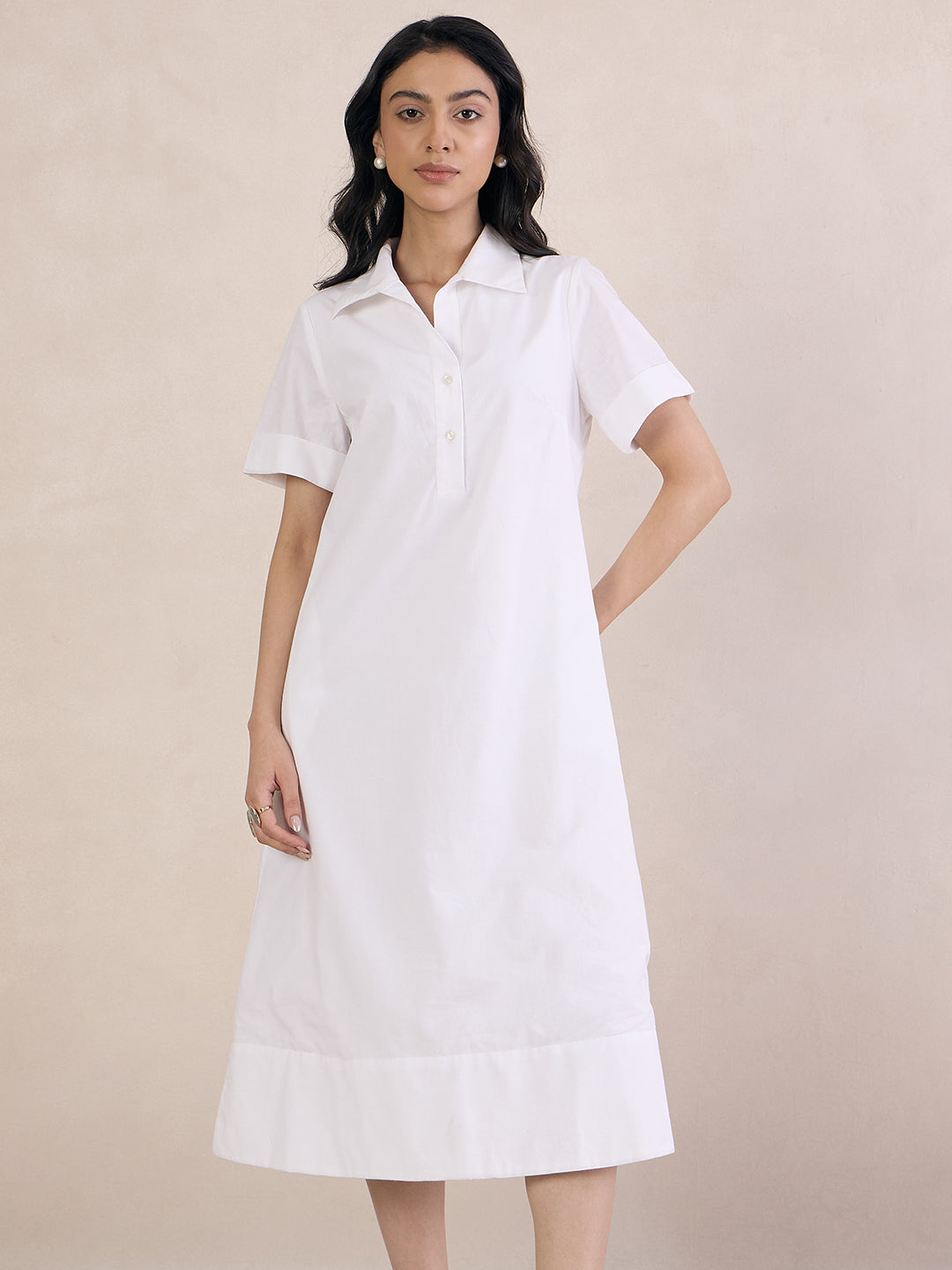 White Poplin Button Down Midi Dress