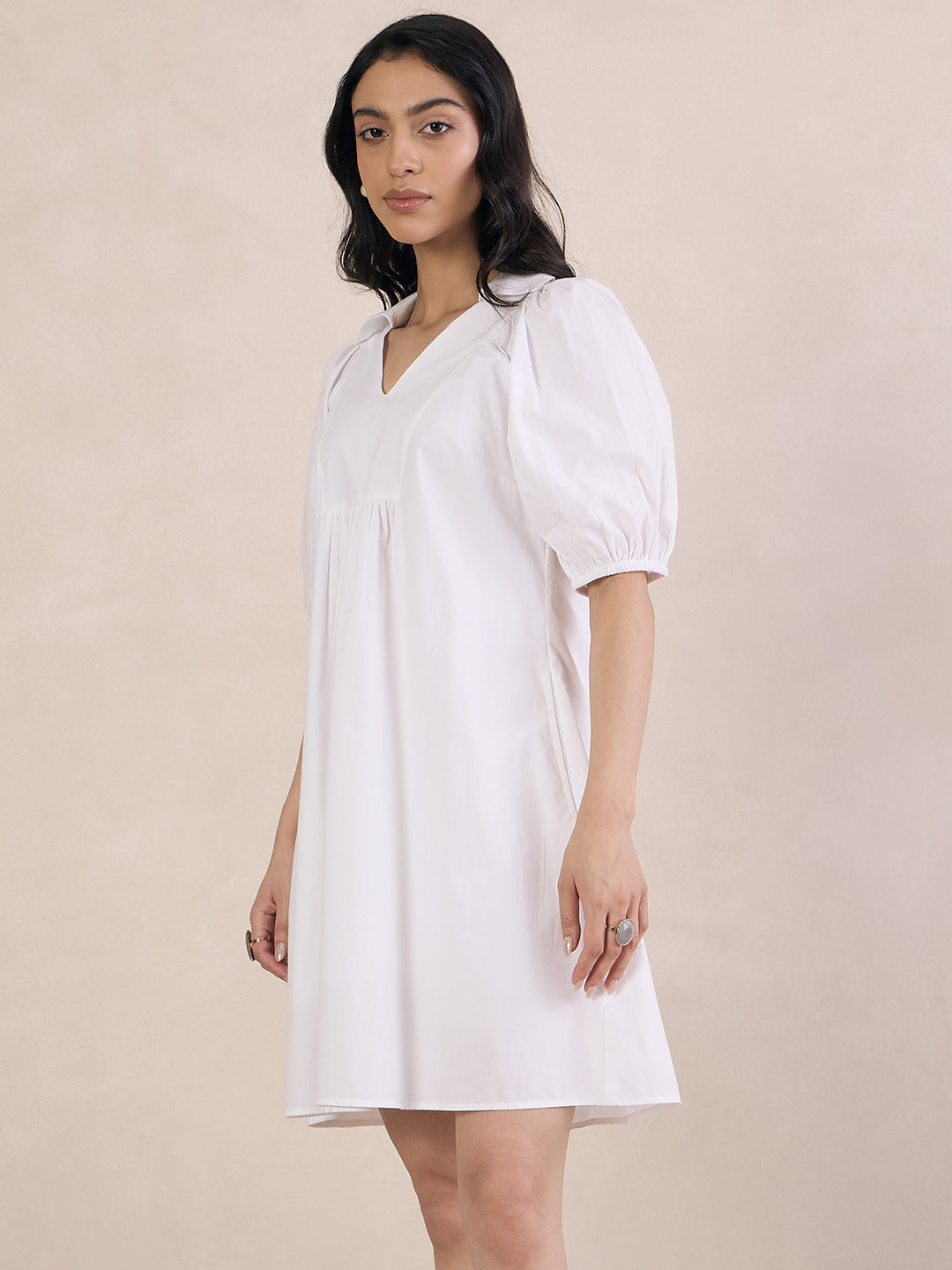 White Poplin V-Neck Mini Dress