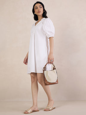 White Poplin V-Neck Mini Dress