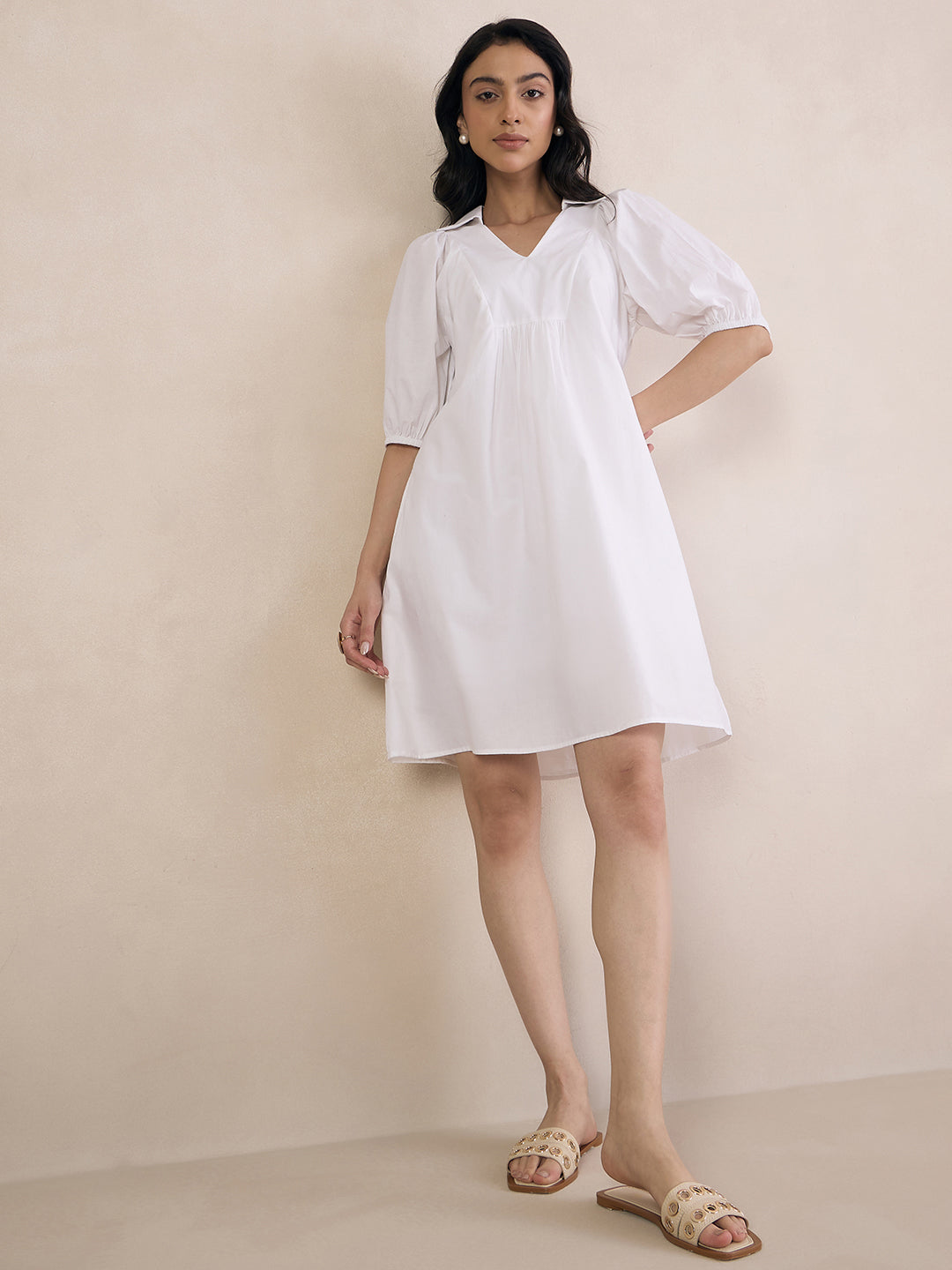 White Poplin V-Neck Mini Dress