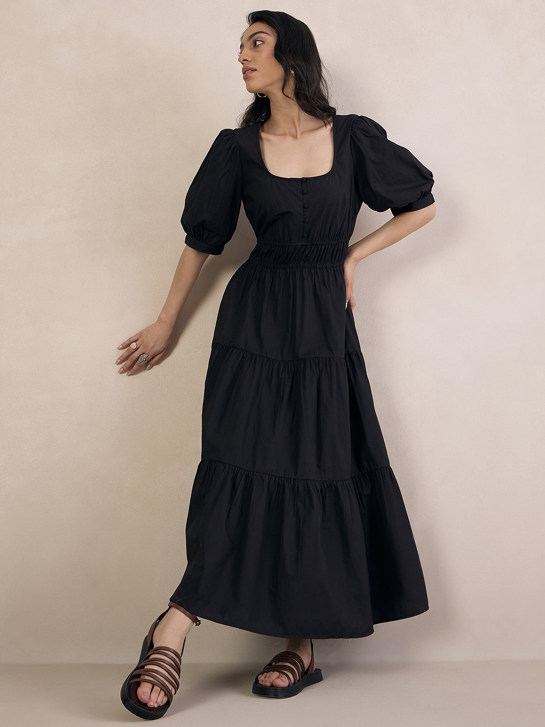 Black Poplin Smocked Maxi Dress