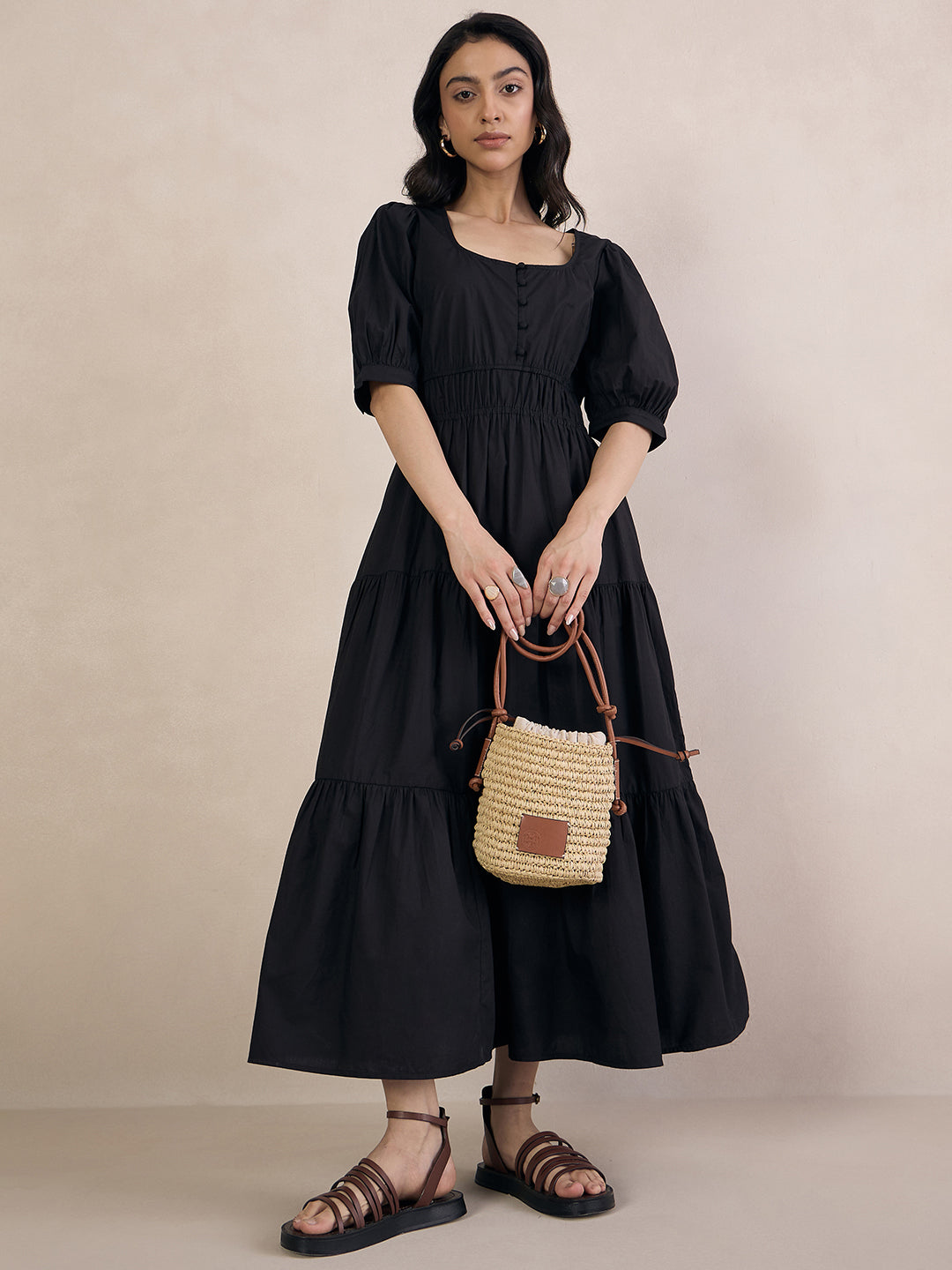 Black Poplin Smocked Maxi Dress