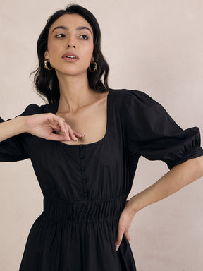 Black Poplin Smocked Maxi Dress