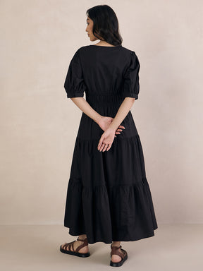 Black Poplin Smocked Maxi Dress