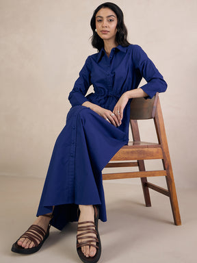 Cobalt Blue Poplin Button Down Maxi Dress