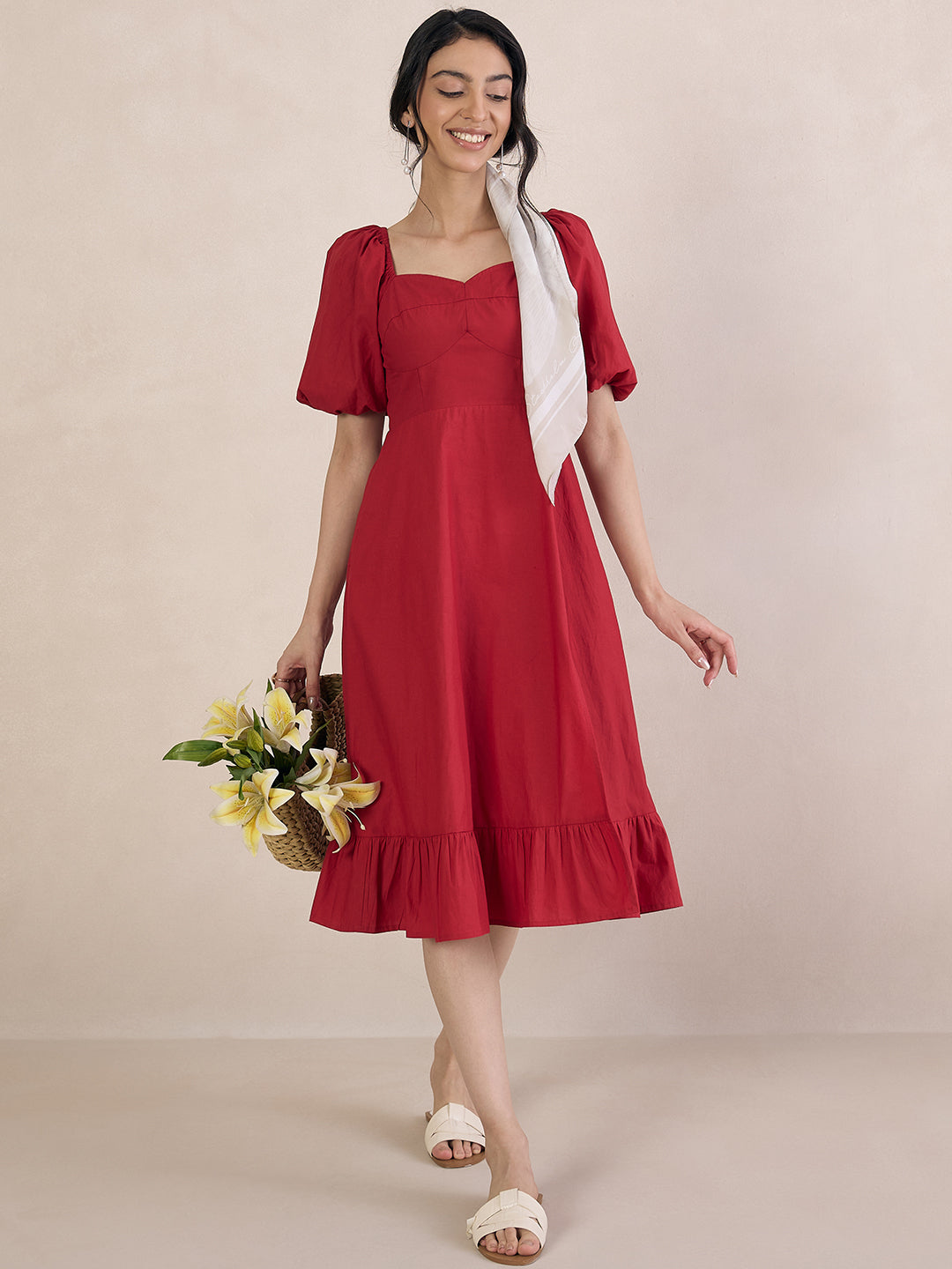 Red Poplin Sweetheart Neck Midi Dress