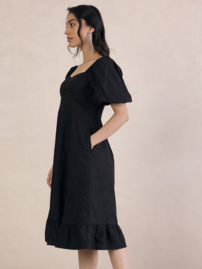 Black Poplin Sweetheart Neck Midi Dress