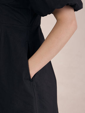 Black Poplin Sweetheart Neck Midi Dress