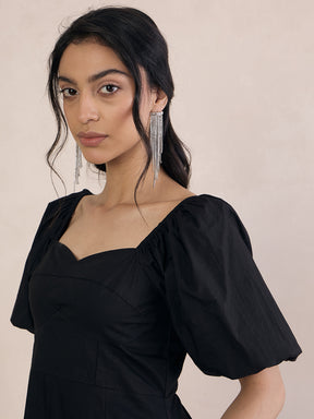 Black Poplin Sweetheart Neck Midi Dress