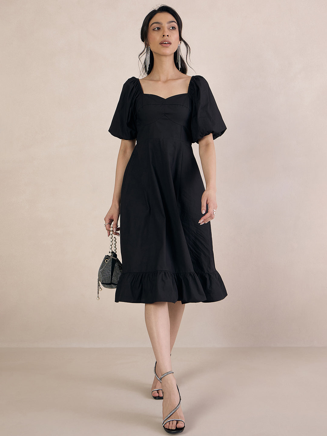 Black Poplin Sweetheart Neck Midi Dress