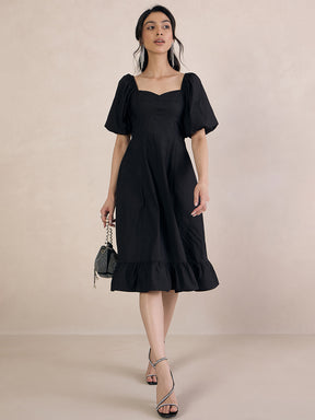 Black Poplin Sweetheart Neck Midi Dress