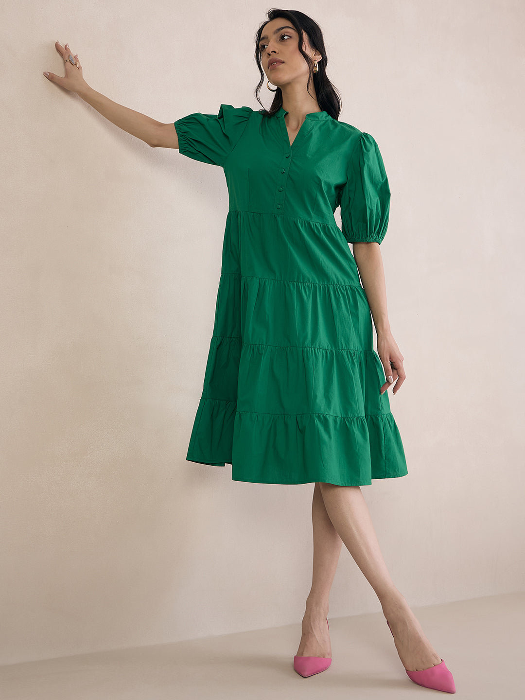 Green Poplin Tiered Midi Dress