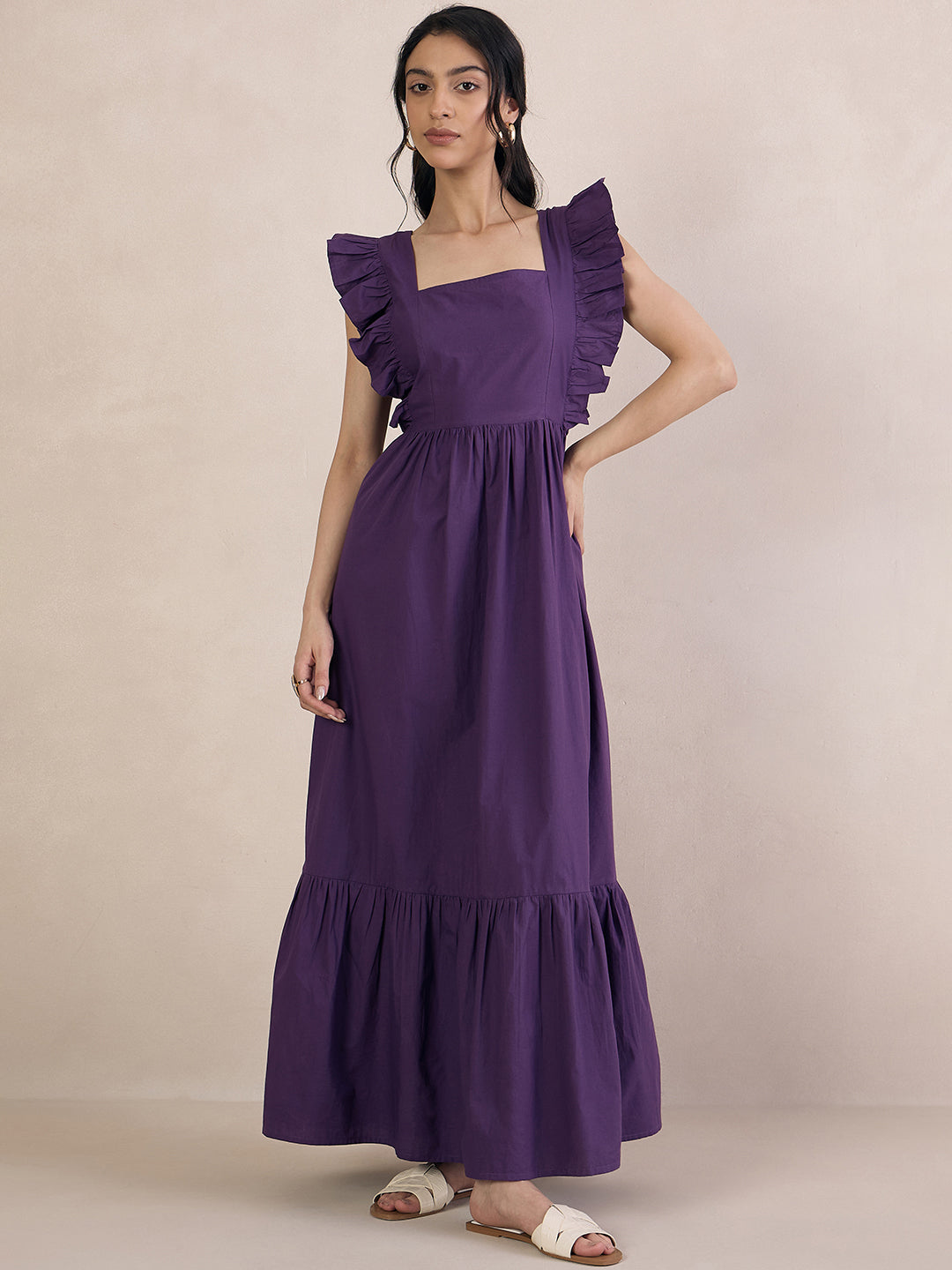 Purple Poplin Back Tie-Up Maxi Dress