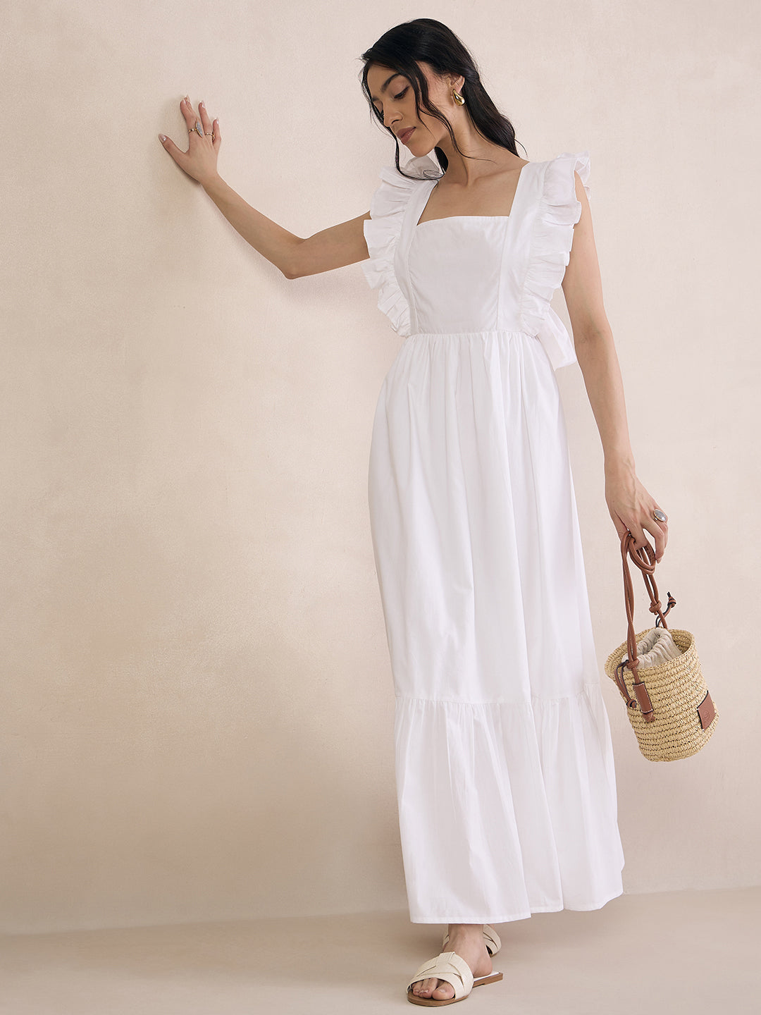 White Poplin Back Tie-Up Maxi Dress