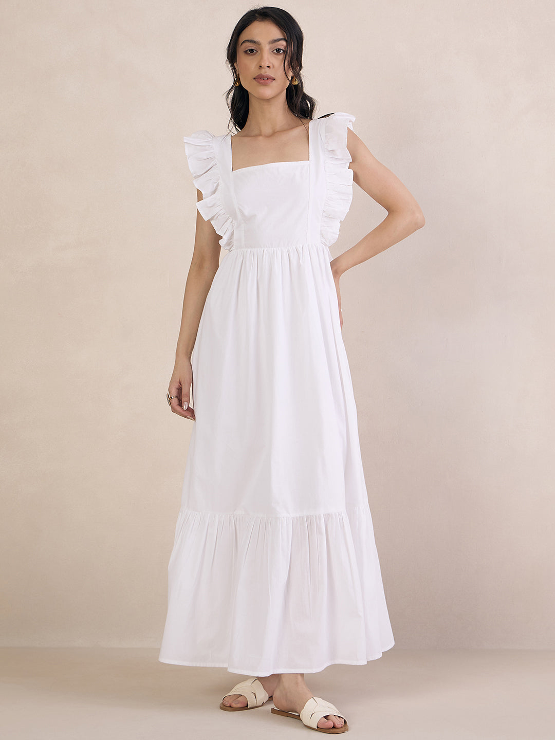 White Poplin Back Tie-Up Maxi Dress