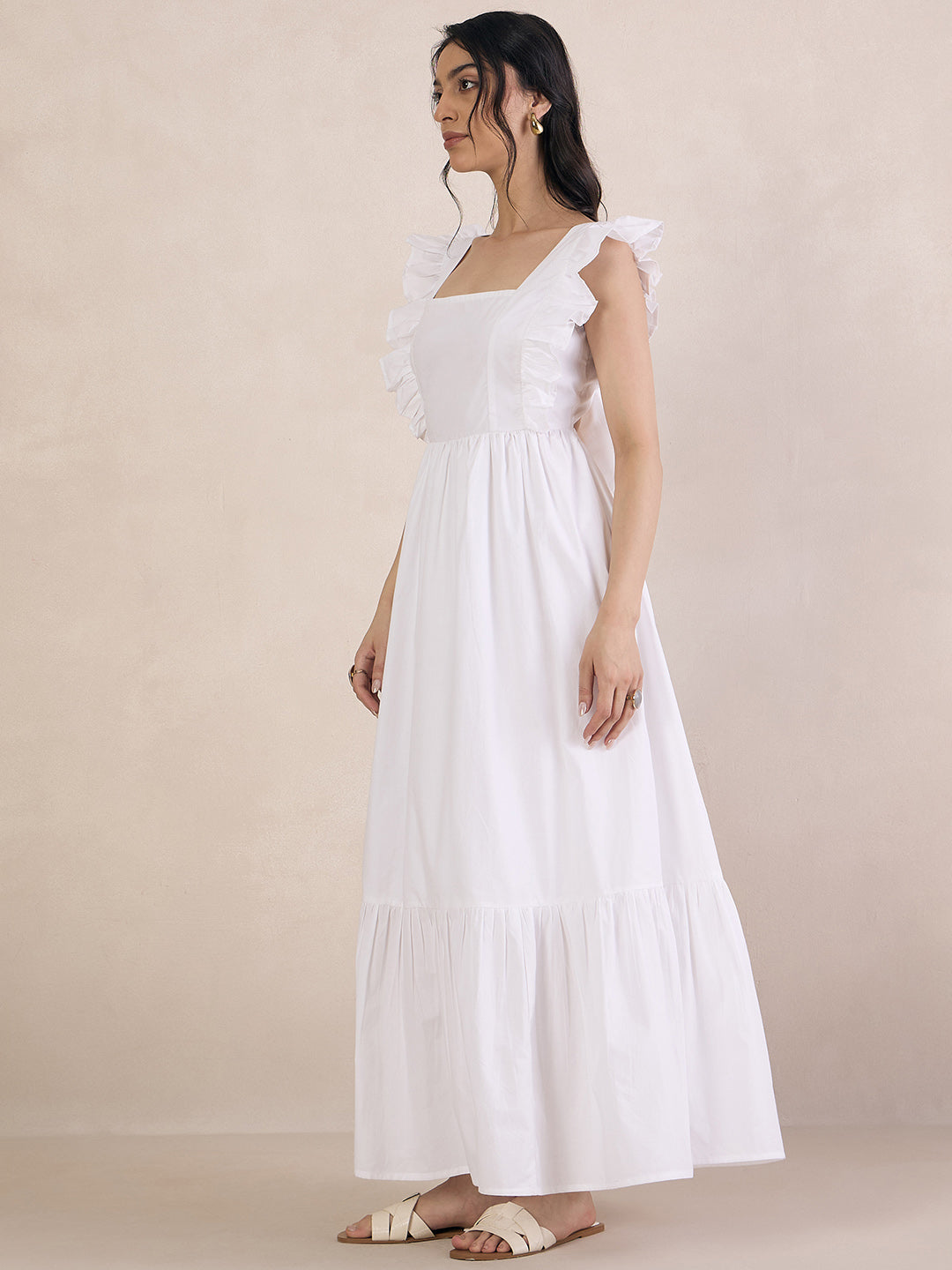 White Poplin Back Tie-Up Maxi Dress